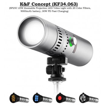 K&F Concept KF34.063 SP25C 25W Zoomable Projection LED Video Light with 20 Color Filters 9000mAh battery 30W PD Fast Charging